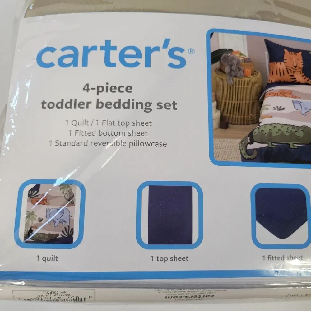 Carters 4pc Toddler Bedding Set Jungle Animal Tiger Elephant Safari Zoo Navy Tan